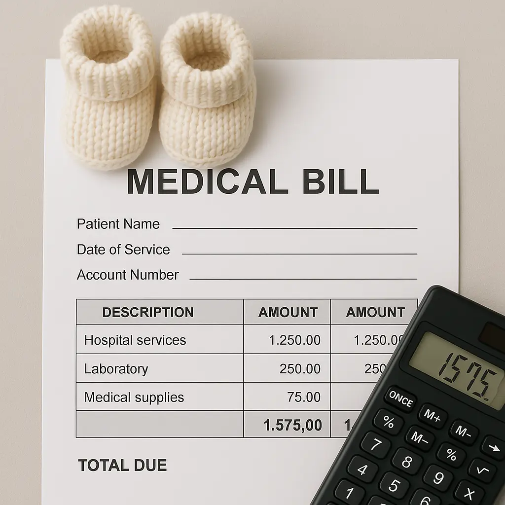 Medical bill for maternity-related expenses with baby booties on top, showing hospital services, laboratory, and medical supplies costs, alongside a calculator displaying the total amount due of $1,575.00, symbolizing newborn healthcare expenses in Toronto