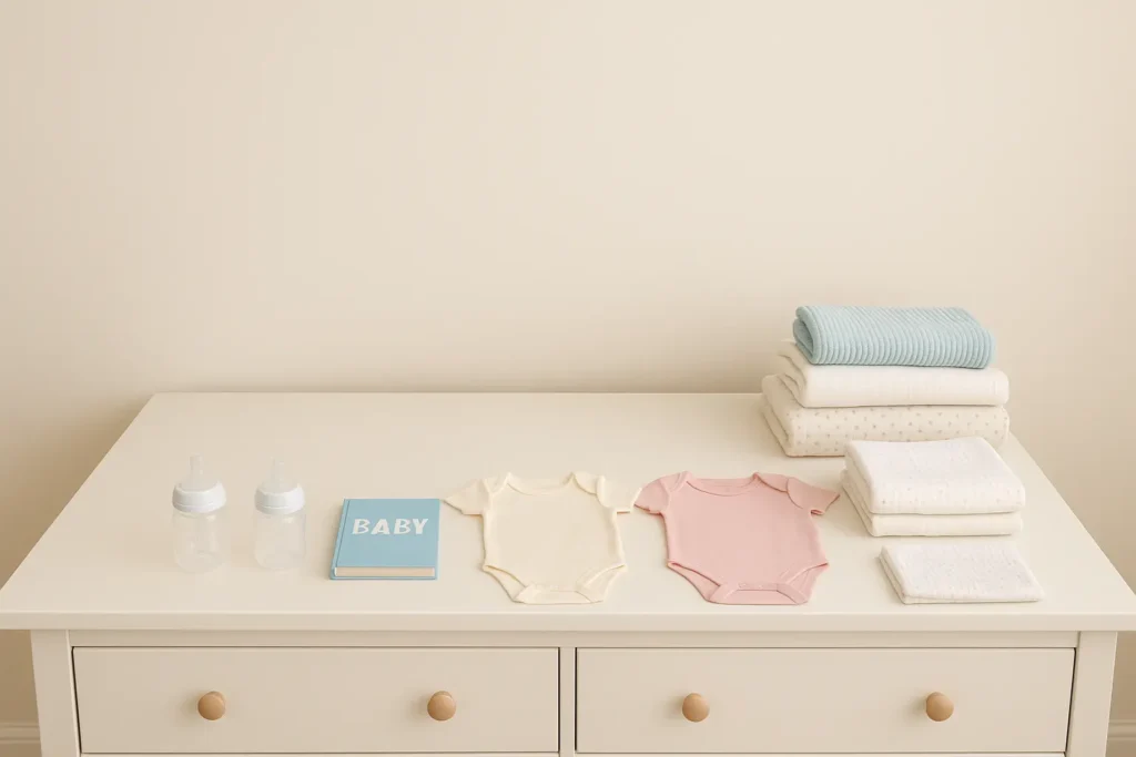 Soft pastel baby onesies, feeding bottles, a ‘BABY’ book and neatly folded blankets arranged on a white dresser in a bright nursery