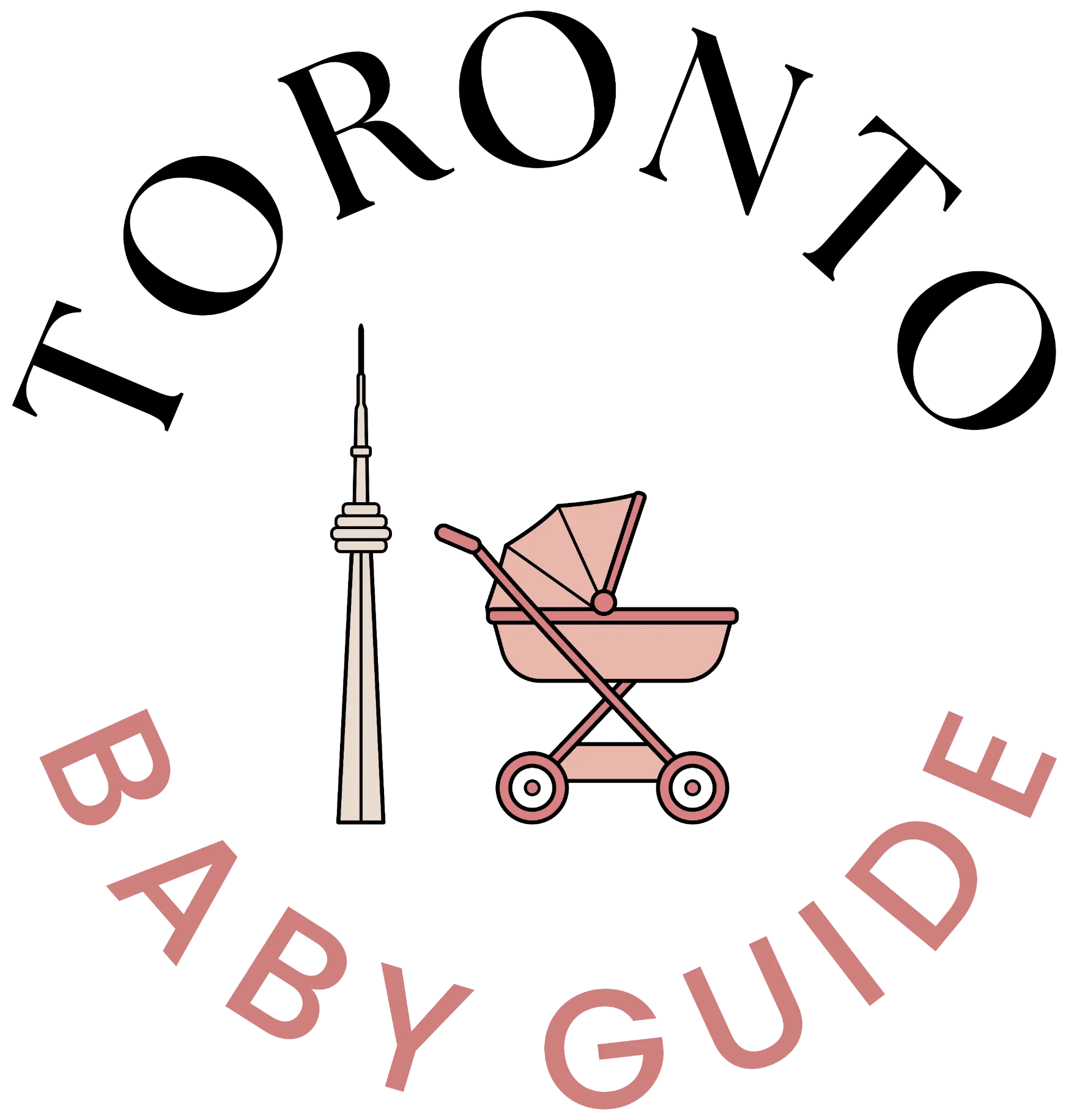 Toronto Baby Guide logo featuring a minimalist CN Tower silhouette beside a pink baby stroller icon with curved “Baby Guide" text