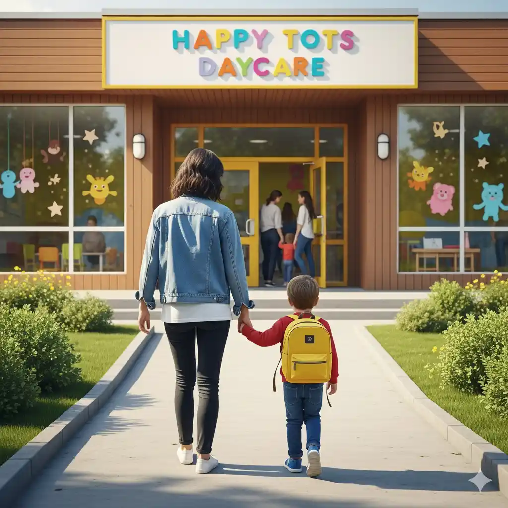 Mother walking her child with a yellow backpack to Happy Tots Daycare on a sunny morning, with colorful window decorations and teachers greeting families at the entrance.