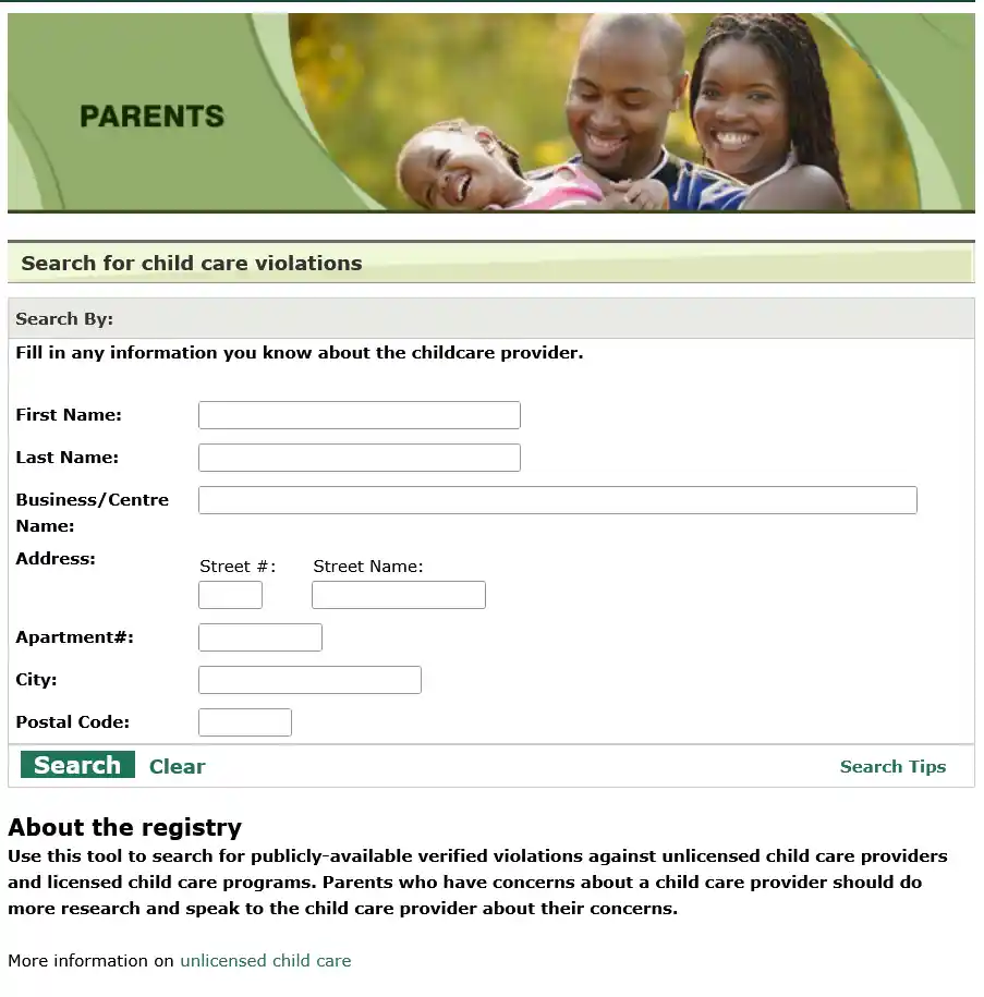 Close-up of Ontario’s daycare violations search form, showing fields to enter child care provider name or address when researching safety and compliance history.