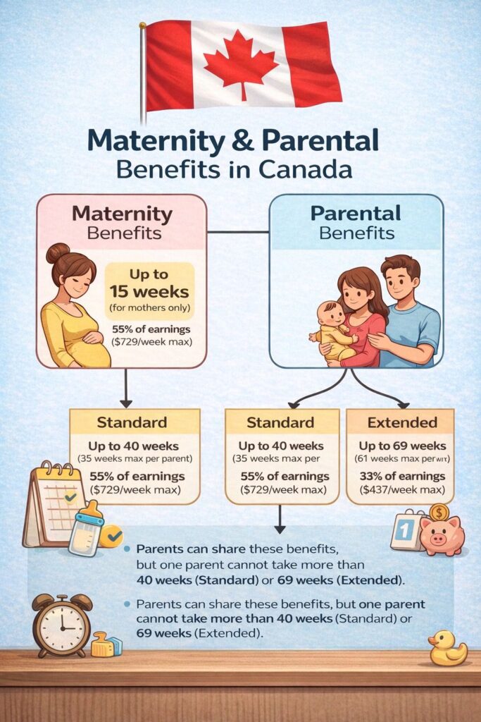 Canada maternity and parental benefits infographic showing Canadian flag, 15 weeks maternity leave at 55 percent earnings, standard 40 weeks and extended 69 weeks parental leave options with weekly payment maximums displayed.