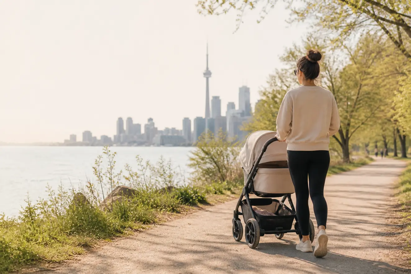 Mother walking with baby stroller along Toronto waterfront trail, skyline with CN Tower in background, peaceful outdoor parenting lifestyle in Canada