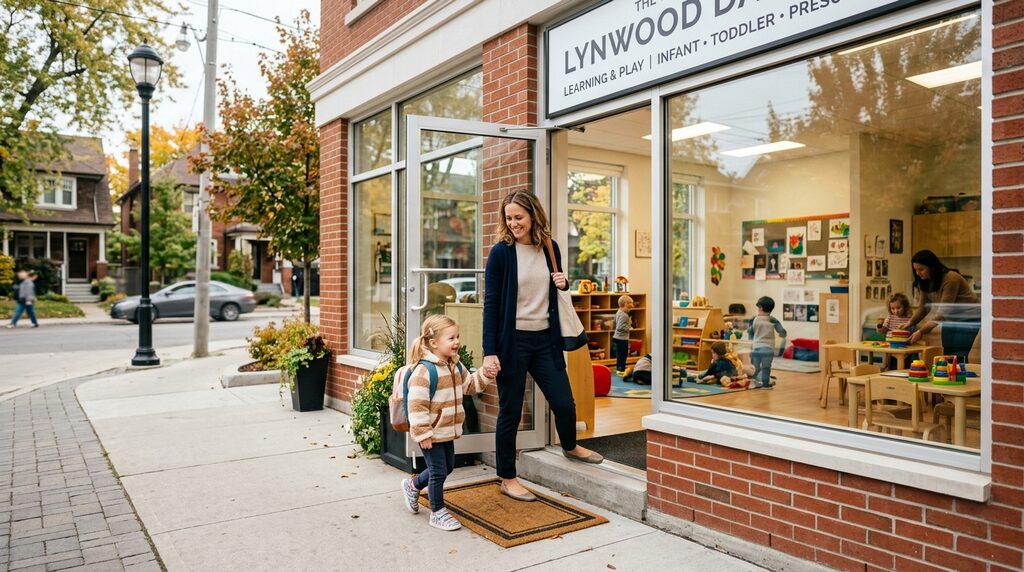 Mother walking her child into a Toronto daycare centre on a quiet residential street during fall, with children playing inside the classroom visible through large windows.