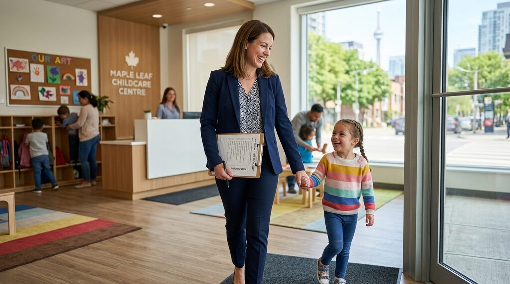 Childcare director holding a clipboard and walking hand in hand with a smiling toddler inside a bright Toronto daycare centre, with children and educators in the background.