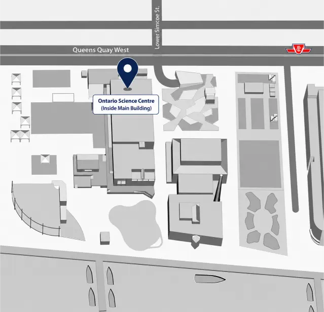 Map of Harbourfront Centre on Queens Quay in Toronto showing the new Ontario Science Centre location.